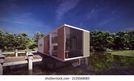 Waterfront House For Vacation Modern Style 3d Illustration