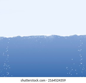 A Waterline In The Ocean With Clouds And Waves. Waterline Overlay Effect With Splashes And Bubbles.