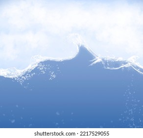 A Waterline In The Ocean With Clouds And Waves. Waterline Overlay Effect With Splashes And Bubbles.