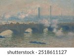 Waterloo Bridge, Gray Day (1903) by Claude Monet. Vintage dark bridge with river impressionism art drawing illustration, Monet bridge old painting art print.