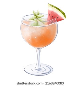 Watermelon martini cocktail watercolor illustrstion with mint in a cocktail glass isolated on white background
