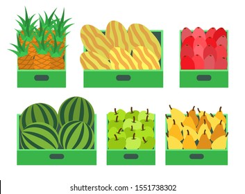 Watermelon and melon, pineapple and apple set of fruits placed in containers raster. Pears and beetroots in boxes for selling. Organic food and meal