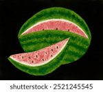 Watermelon (mid 19th century) painting by American 19th Century. Watermelon, tropical fruit concept. Vintage fruit food art drawing illustration, old painting art print of Watermelon fruit.