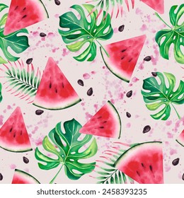 Watermelon, palm branches and monstera seamless pattern. Watercolor drawing on a beige background with pink spots. Juicy slices of watermelon and tropical plants. Hand painted illustration. - Powered by Shutterstock