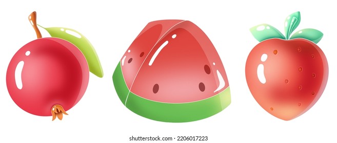 Watermelon, Pomegranate And Strawberry.  Gorgeous Shiny Fruit Icon Set. Isolated And Arrangeable For Print, Web, Apps, Media.