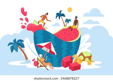 Watermelon pool party and tiny people illustration. Cartoon funny small characters surf in juicy watermelon juice, drink cocktails under beach umbrella and palm tree, sunbathe with fun - Powered by Shutterstock