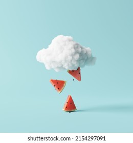 Watermelon Rain With Cloud Creative Idea. Minimal Summer Concept. 3d Rendering