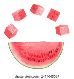 Watermelon slice and cubes red and juicy with a few seeds. Watercolor round frame isolated on white, hand drawn for food design. Packages, juice, smoothie, menu, organic food, ice cream label, logo. - Powered by Shutterstock