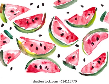 Watermelon slices isolated on white background. Painted with watercolor on white paper.