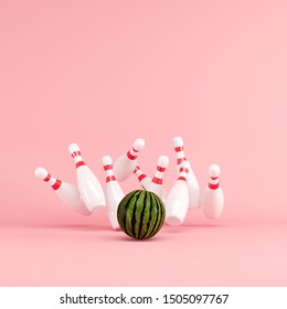 Watermelon strike with bowling on pink background. Fruit Minimal ideas concept. 3D Render.