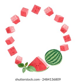 Watermelon whole, juicy slice and cubes. Watercolor round frame isolated on white background, hand drawn for food design. Packages, juice, smoothie, menu, organic food, ice cream label, logo. - Powered by Shutterstock