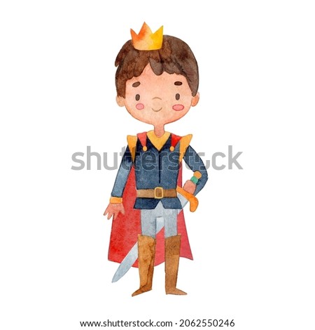 Wateror smiling kid boy prince warrior textured illustration. Hand drawn painting childish knight in crown cloak isolated. Cartoon person at medieval costume