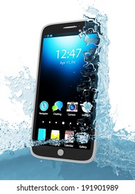 Waterproof Touchscreen Smart Phone In Water Isolated On White Background