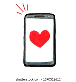 Waterrcolor hand drawn illustration. Smartphone with icon heart on white background. 
