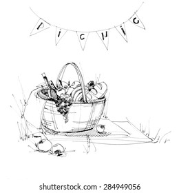 Wattled Picnic Basket On The Plaid With Food. Drawing Sketch Ink. Illustration Isolated On White