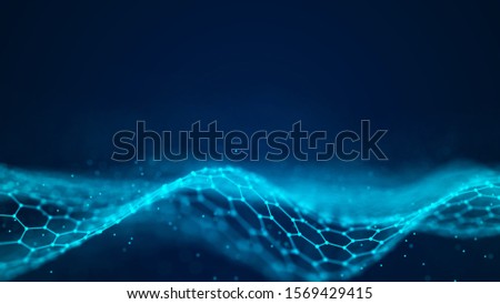 Wave with the connection of points and lines on a polygonal dark background. Futuristic abstract mesh.
