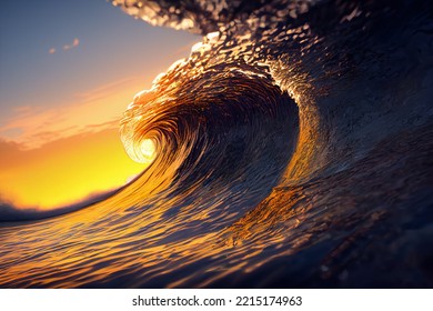 Wave crest at sunset. The perfect place to surf in Hawaii. The concept of attracting tourists to Hawaii. 3d rendering - Powered by Shutterstock