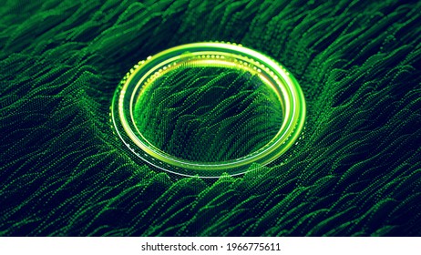 Wave Function And Green Glow Ring. Science Fiction Or Futuristic Technology Concept. 3D Render Illustration With DOF
