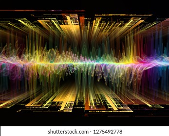 Wave Function series. Design composed of colored sine vibrations, light and fractal elements as a metaphor on the subject of sound equalizer, music spectrum and  quantum probability
