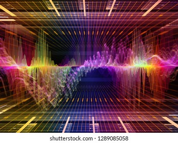 Wave Function series. Design composed of colored sine vibrations, light and fractal elements as a metaphor on the subject of sound equalizer, music spectrum and  quantum probability