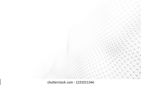 Wave Of Particles On White Background. Abstract Interlacing Lines And Points. Digital Connection Of Elements. Imitation Waves.