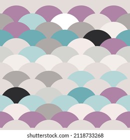 Wave Of The Sea. Seamless Pattern Abstract Scales Simple Nature Background Japanese Circle Light Blue Gray Beige White Pink Lilac Colors. 