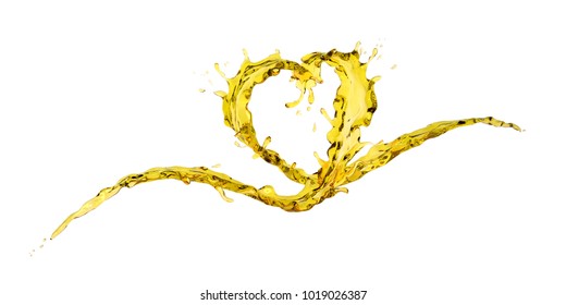 Wave splash of yellow oil in form of heart shape isolated on white background. Design creative concept for love or valentine. 3D rendering illustration.