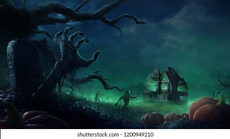 A wave of undead creatures march towards an abandoned house in the middle of the wilderness. This digital painting conveys the perfect setting for Halloween and horror themes.