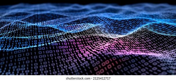Waves in a digital binary code structure - 3D illustration