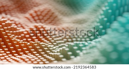 Waves from green and orange gradient cube or box mesh array background, abstract modern data visualisation, science, research or business datum concept, 3D illustration [[stock_photo]] © 