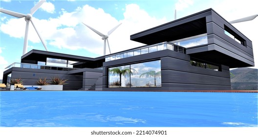 Waves On The Surface Of Blue Water In The Pool Of An Elite Suburban Home Of The Future. Silent, Low-vibration Wind Generators Provide The Estate With Electricity In Winter And At Night. 3d Rendering.