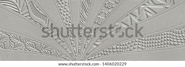Waves pattern on carved grunge background texture, patchwork pattern, white color, long texture, 3d illustration. Hallway wallpaper. 