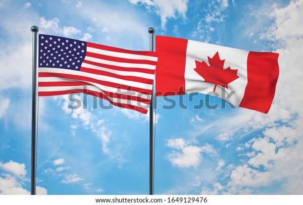 Waving American Canadian Flag Pole Over Stock Illustration 1649129476 ...