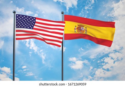 Waving American And Spain Flag At Pole Over Sky, 3d Rendering