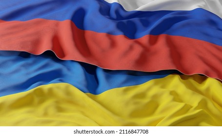 Waving Colorful Flag Of Russia And National Flag Of Ukraine