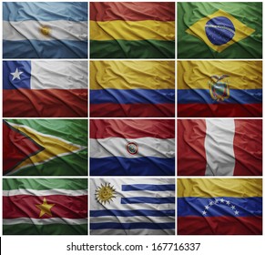 Waving Colorful Flags Of All The South American Countries