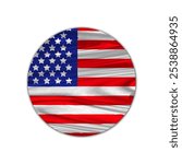 Waving fabric texture national flag of USA. United Sates of America American country flag in round circular shape isolated on white