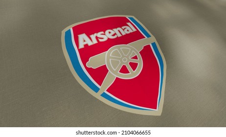 Waving Flag With Arsenal Football Team Logo, Close-up. Motion. Colorful Professional English Football Club Flag, Seamless Loop. For Editorial Use Only.