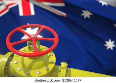 Waving Flag Of Australia And The Gas Or Oil Pipeline Valve. Conceptual  3D Rendering