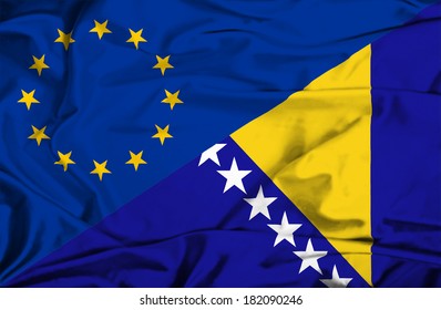 Waving Flag Of Bosnia And Herzegovina And EU