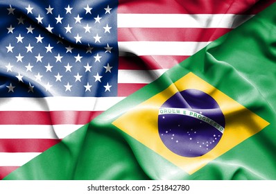 Waving Flag Of Brazil And USA