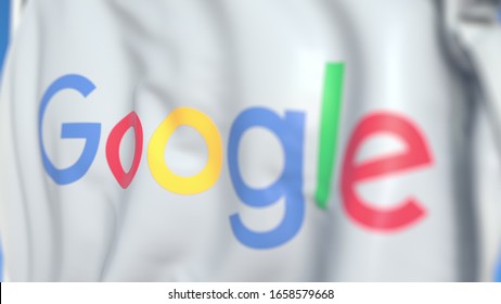 Waving Flag With Google LLC Logo, Close-up. Editorial 3D Rendering