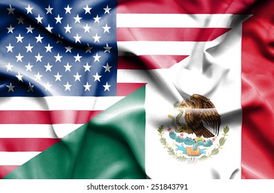 Waving Flag Of Mexico And USA