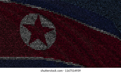 Waving Flag Of North Korea Made Of Text Symbols On A Computer Screen. Conceptual 3D Rendering