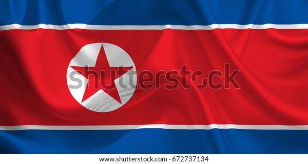 なびく北朝鮮国旗 風の中の国旗 ナショナルマーク なびく北朝鮮国旗 北朝鮮の国旗が流れている 3dイラスト のイラスト素材