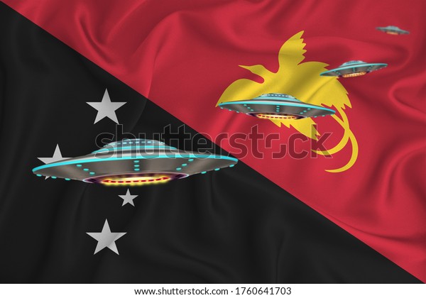 なびくパプアニューギニア国旗 国旗の背景にufoグループ 国内のufoニュースのコンセプト 3dレンダリング のイラスト素材
