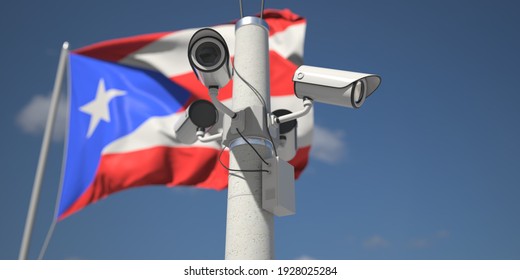 Waving Flag Of Puerto Rico And The Security Cameras On The Pole.  3D Rendering