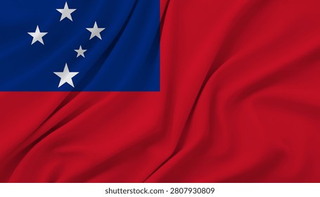 Waving flag of Samoa. Red field with blue rectangle in upper hoist side containing five white stars. Pacific island nation.