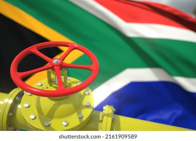 Waving Flag Of South Africa And The Gas Or Oil Pipeline Valve. Conceptual  3D Rendering