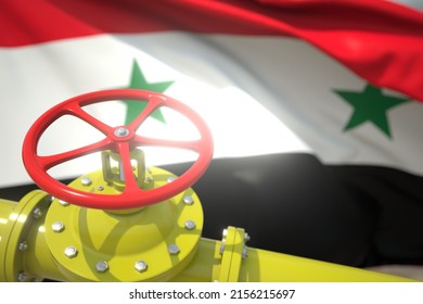 Waving Flag Of Syria And The Gas Or Oil Pipeline Valve. Conceptual  3D Rendering